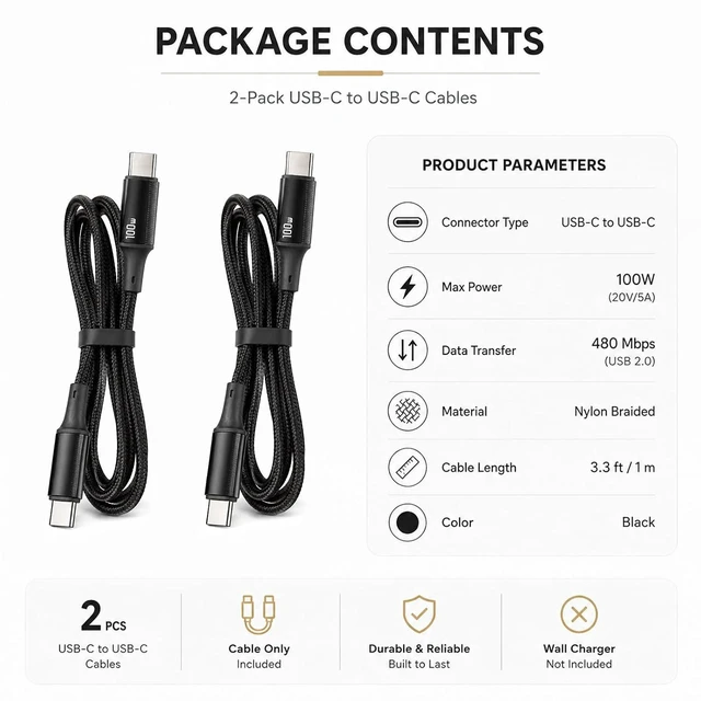 Alt view image 7 of 7 - USB C to USB C Cable 3.3ft, 100W USB C Cable Fast Charging Type C to Type C Cable Braided Nylon Charger Cord for MacBook Pro/Air, iPad Pro/Air, iPhone 16/15, Samsung Galaxy S24/S23, Pixel (Black)