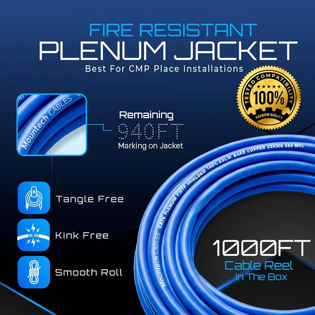 Alt view image 4 of 7 - Cat6 Shielded Plenum Ethernet Cable 1000FT, 23AWG Solid Bare Copper, F/UTP Foil Shielded, CMP Rated, 550MHz, 10Gbps, PoE++, Bulk Network Cable for Offices, Commercial Buildings & Data Centers (Blue)