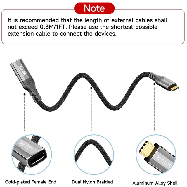 Alt view image 2 of 7 - Long USB c Extension Cable 33FT, 5Gbps,60W,4K Video Output, Nylon Braided,USB3.0 Type C Extender Cord Male to Female Compatible with,Monitor,SSD