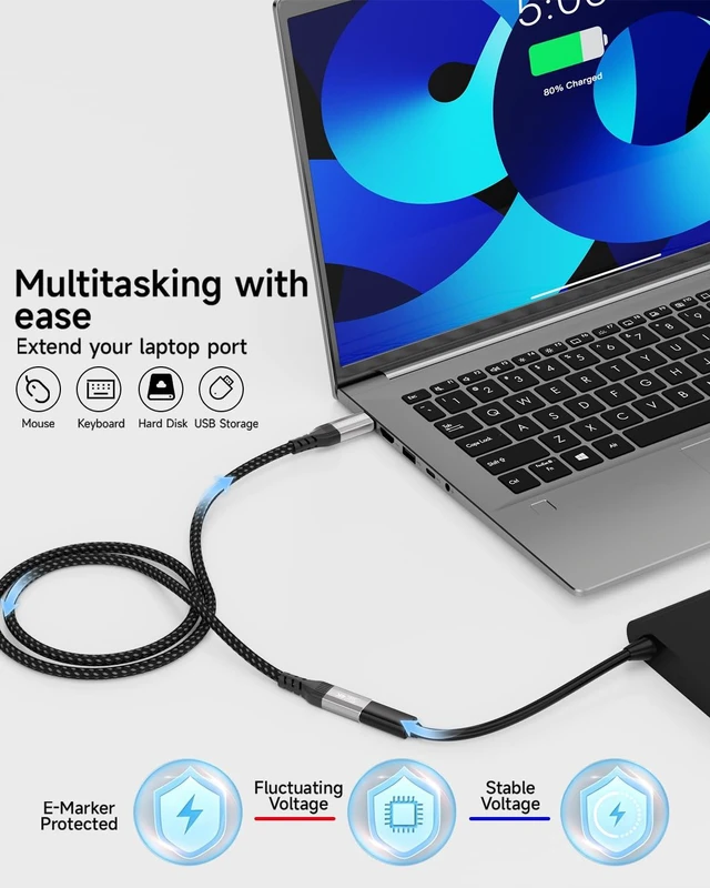 Alt view image 6 of 7 - Long USB c Extension Cable 33FT, 5Gbps,60W,4K Video Output, Nylon Braided,USB3.0 Type C Extender Cord Male to Female Compatible with,Monitor,SSD