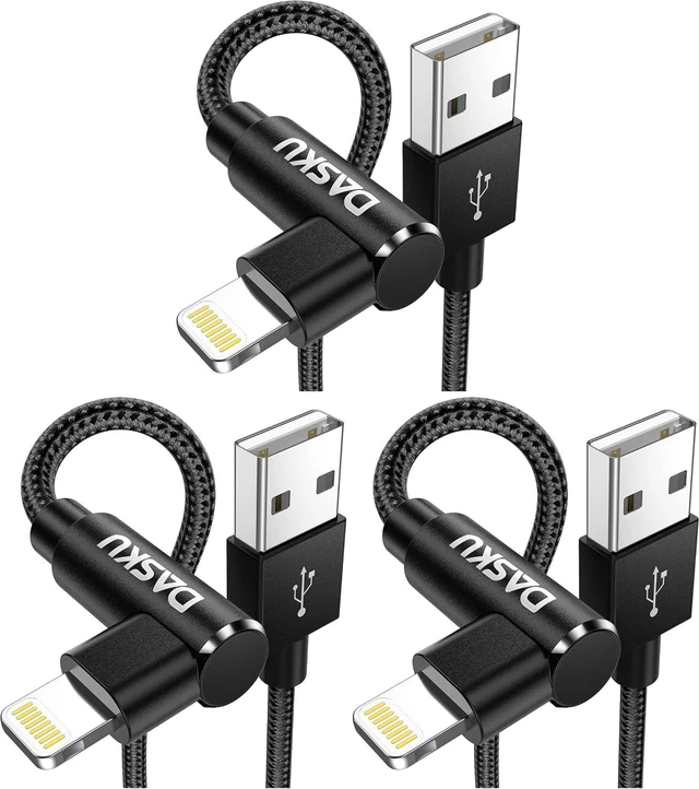 Main image of Dasku 90 Degree iPhone Charging Cable 2Pack 10ft Right Angle Nylon Braided Lightning Charger Cord Compatible with iPhone 14 13 12 11 Pro Max XS XR X 8 7 6 5 Plus iPadBlack (Pack of 3)
