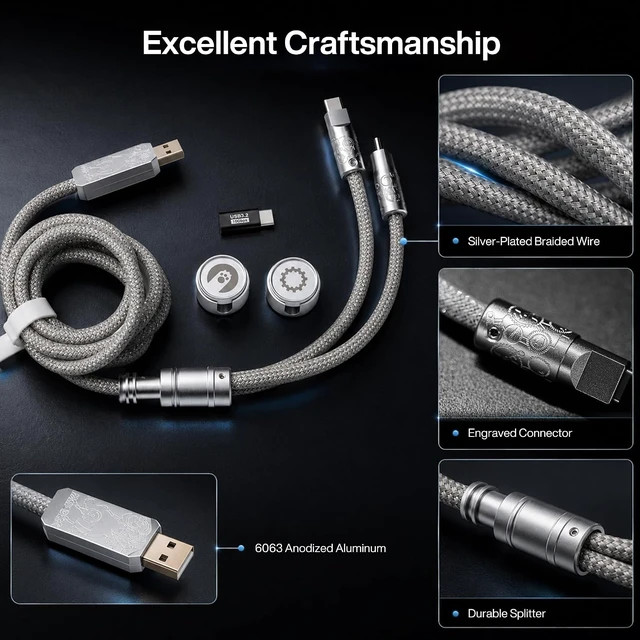 Alt view image 6 of 7 - Angry miao Split Dual 8K Gaming Cable AM Edition 1.4m(4.6ft), High-Speed Dual Connection, Low Latency, Compatible with USB Type-C Devices, Durable Mesh Silver-Plated Wire - Silver Orbit