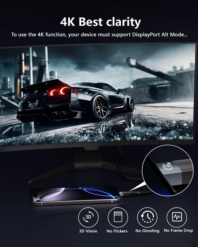 Alt view image 3 of 7 - 33ft Long USBC Cable,5Gbps Data Transfer,60W Fast Charging,4K@60Hz Video Output,Black Nylon Braided USB C Cable with Gold-Plated Connectors,Compatible with Laptop,Monitor, Docking Station,