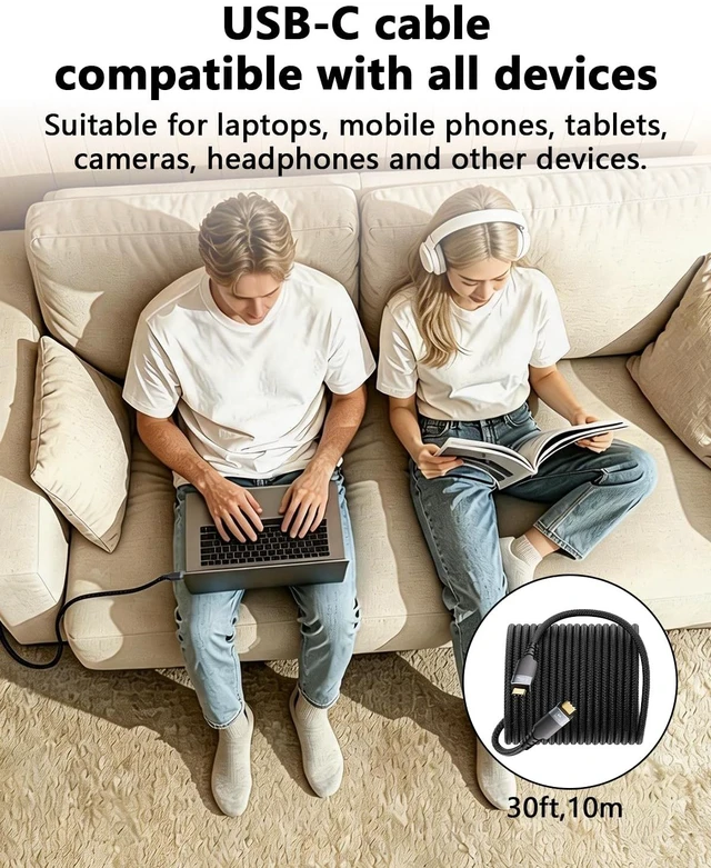 Alt view image 6 of 7 - 33ft Long USBC Cable,5Gbps Data Transfer,60W Fast Charging,4K@60Hz Video Output,Black Nylon Braided USB C Cable with Gold-Plated Connectors,Compatible with Laptop,Monitor, Docking Station,