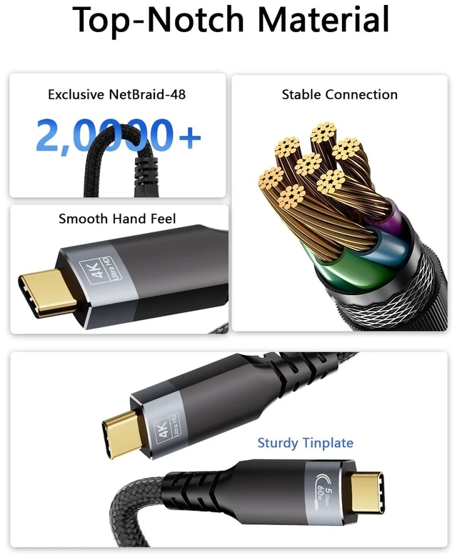 Alt view image 7 of 7 - 33ft Long USBC Cable,5Gbps Data Transfer,60W Fast Charging,4K@60Hz Video Output,Black Nylon Braided USB C Cable with Gold-Plated Connectors,Compatible with Laptop,Monitor, Docking Station,