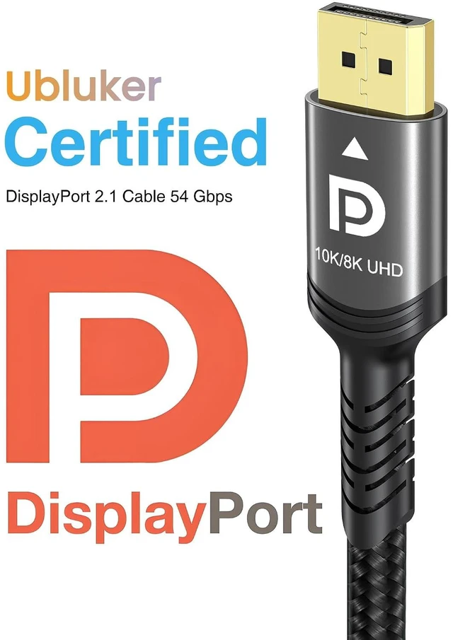 Alt view image 2 of 7 - Ubluker 10K 8K DisplayPort 2.1 Cable 54Gbps 50 FT, Certified DP to DP Cord 4K 240Hz 165Hz 144Hz 120Hz 10K 8K 120Hz Nylon Braided UHBR HDCP2.3 FreeSync G-Sync RTX5090 Gaming Monitor PC Projector