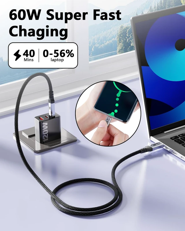 Alt view image 3 of 7 - Long USB C to USB C Cable 32.81ft/10m,Type c to Type c Cable High Speed Data Transfer,USB-C Cord 4K Monitor Video Output,, 60W Fast Charging, 5Gbps Data Transfer for Monitor, Hub,dispaly Cord