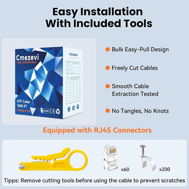 Alt view image 4 of 7 - Bulk CAT 6a Ethernet Cable 1000 FT, 10Gbps 23AWG CAT6a Cord, White