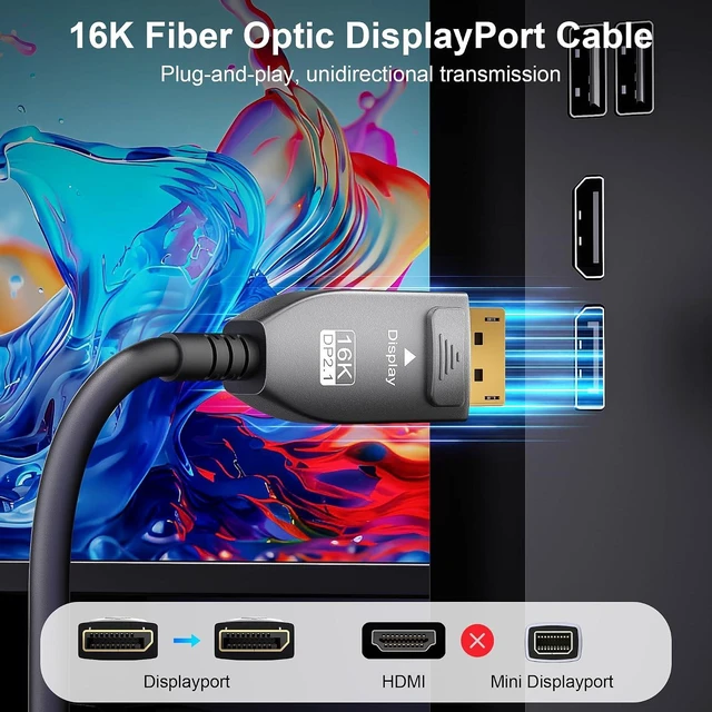 Alt view image 5 of 6 - 16K Fiber Optic DisplayPort 2.1 Cable 65ft Long Active DP Cable 80Gbps