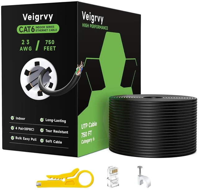 Main image of Cat 6 Ethernet Cable 750 ft Bulk, 23AWG 550MHz Solid CCA UTP Cat 6 Cable with 60 Rj45 Connector, High-Speed Internet Cable Gaming Network LAN Ethernet Cord for Cameras, Computers - Black