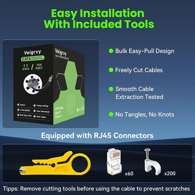 Alt view image 2 of 7 - Cat 6 Ethernet Cable 750 ft Bulk, 23AWG 550MHz Solid CCA UTP Cat 6 Cable with 60 Rj45 Connector, High-Speed Internet Cable Gaming Network LAN Ethernet Cord for Cameras, Computers - Black