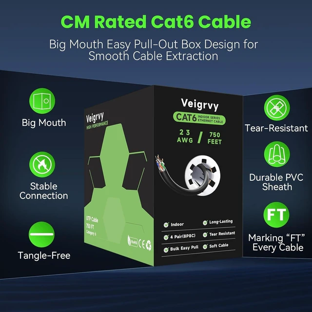 Alt view image 3 of 7 - Cat 6 Ethernet Cable 750 ft Bulk, 23AWG 550MHz Solid CCA UTP Cat 6 Cable with 60 Rj45 Connector, High-Speed Internet Cable Gaming Network LAN Ethernet Cord for Cameras, Computers - Black