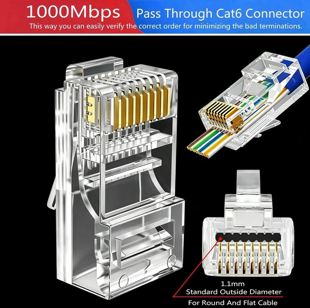 Alt view image 2 of 6 - 1000 Pcs Cat 6 Pass Through RJ45 Connectors, Gold Plated Cat 6 Ends / Cat6 Connector /RJ45 Modular Plugs/Ethernet Plugs/Network Connector for Solid or Stranded 8P8C UTP Ethernet Cable,Bag of 1000
