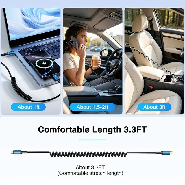 Alt view image 6 of 7 - Thunderbolt 4 USB C Coiled Cable Compatible 3.3FT 2Pack, 40Gbps Data, 240W Charging, 8K@60Hz, 4K@144Hz for iPhone 15/16/17, Mac mini M4, Samsung, SSD, eGPU, Car Charger/CarPlay/Tethering