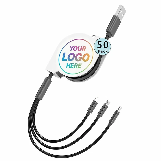 Main image of Custom 3-in-1 retractable charging cable with full-color logo printing