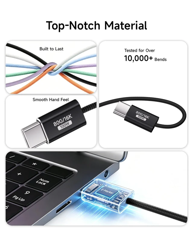 Alt view image 7 of 7 - Black,3.3FT 2Pack USB C Cable,USBC 80Gbps Data Transfer Compatible with Thunderbolt 5/4/3,Slim Connector,100W Fast Charging,16K/8K/4K HD Video Cord for Monitor,MacBook,iPhone 17/16,Docking.