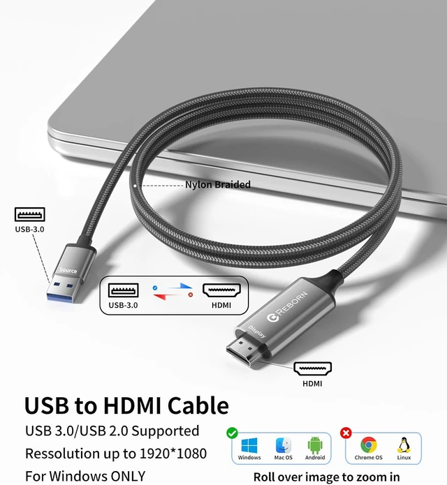 Alt view image 2 of 7 - Reborn USB to HDMI Adapter Cable 10FT, 1080P@60Hz USB 3.0 to HDMI Multi-Display Cable Converter Suitable for Macos Windows 7/8/10/11 - Driver Installation is Required (Pack of 2)