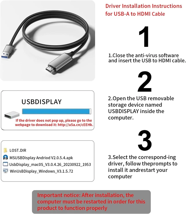 Alt view image 3 of 7 - Reborn USB to HDMI Adapter Cable 10FT, 1080P@60Hz USB 3.0 to HDMI Multi-Display Cable Converter Suitable for Macos Windows 7/8/10/11 - Driver Installation is Required (Pack of 2)