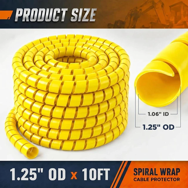 Alt view image 4 of 7 - Spiral Wrap Hose Protector 1.25" OD x 10 FT, Heavy Duty Hydraulic Hose Wrap, Yellow Flexible HDPE Cable Protector Sleeve for Hydraulic Hoses, Wire Harnesses & Automotive Cables