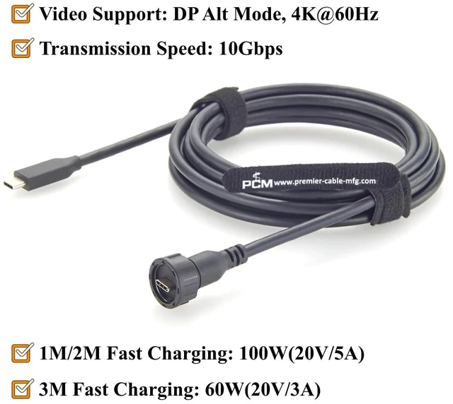Alt view image 3 of 7 - IP67 Waterproof USB 3.1 Gen 2 Type-C Male to Male Cable Threaded Lock Industrial USB-C Cable 10Gbps Data Transfer, 100W Charging, DP 4K@60Hz for Embedded PC, HMI, Machine Vision (2M/6.6FT)