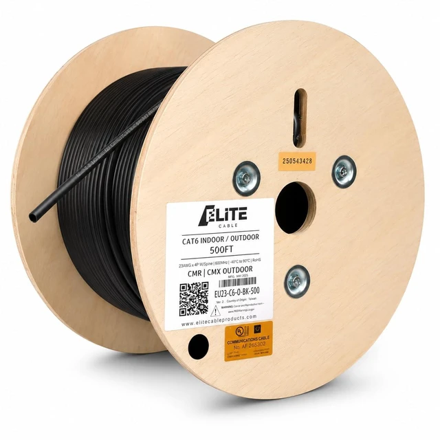 Main image of Elite Cat6 Indoor/Outdoor Ethernet Cable - 23AWG, 500ft, 600MHz, CMR/Riser + CMX/Outdoor, 5+ dB, High Performance, Poe++, UL Listed, LP Rated - Black