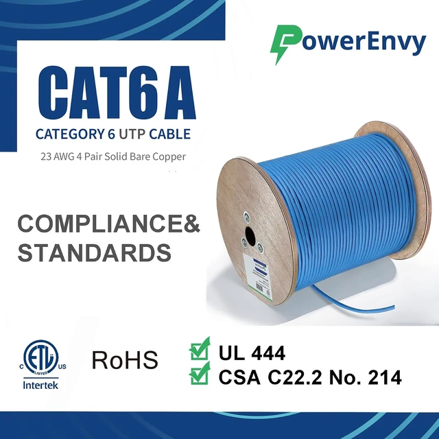 Alt view image 4 of 7 - Cat6a UTP Ethernet Cable - 600Mhz, 10Gbps Max, 1000Ft, 23 AWG Solid Bare Copper, PoE++, 4 Twisted Pair Solid Bare Copper, CMR Rated Cable - UTP LAN Cat6a Cable (Blue)