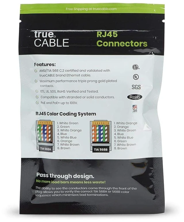 Alt view image 7 of 7 - TRUE CABLE Cat6A Extra Large RJ45 Pass Through Connectors, Staggered, Unshielded (UTP) Modular Plug, UL Listed, EZ Crimp End, Gold Plated 3 Prong 8P8C, 20 Pieces (Pack of 2)