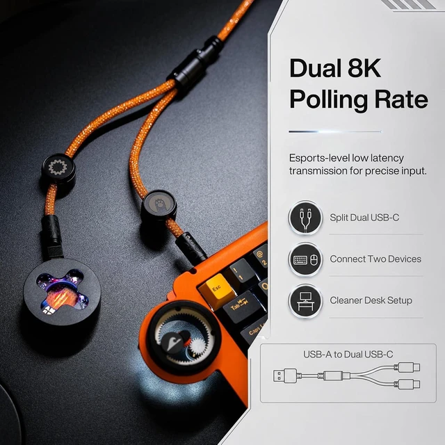 Alt view image 2 of 7 - Angry miao Split Dual 8K Gaming Cable AM Edition 1.4m (4.6ft), High-Speed Dual Connection, Low Latency, Compatible with USB Type-C Devices, Durable Mesh Silver-Plated Wire - Starburst Orange