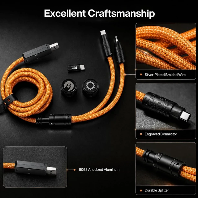Alt view image 5 of 7 - Angry miao Split Dual 8K Gaming Cable AM Edition 1.4m (4.6ft), High-Speed Dual Connection, Low Latency, Compatible with USB Type-C Devices, Durable Mesh Silver-Plated Wire - Starburst Orange