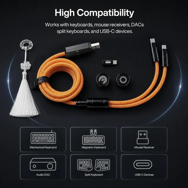 Alt view image 6 of 7 - Angry miao Split Dual 8K Gaming Cable AM Edition 1.4m (4.6ft), High-Speed Dual Connection, Low Latency, Compatible with USB Type-C Devices, Durable Mesh Silver-Plated Wire - Starburst Orange