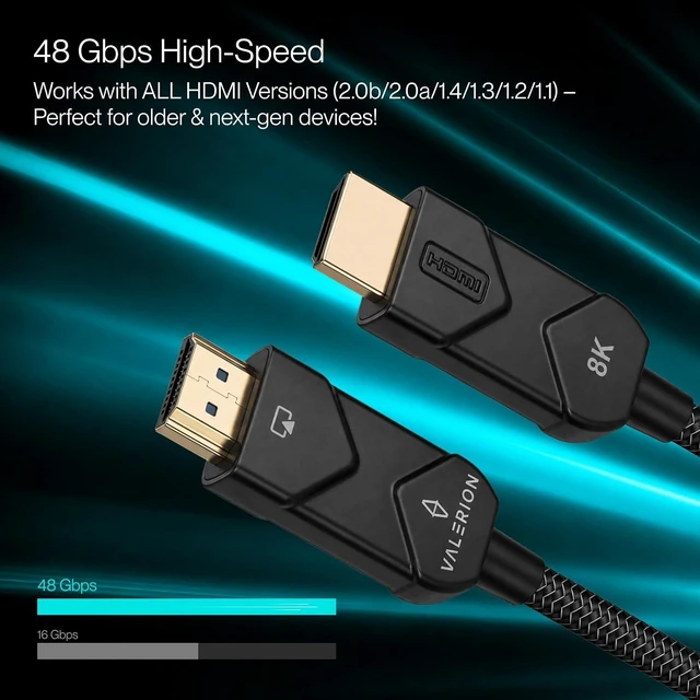 Alt view image 2 of 7 - Valerion AWOL Ultra High Speed HDMI® Cable 12m/40ft, Fiber Optic Core, 8K@60Hz, 4K@120Hz, Dynamic HDR, ALLM/VRR Gaming, Braided 24K Gold-Plated Connectors for PS5, Xbox, PC, TV and Projector