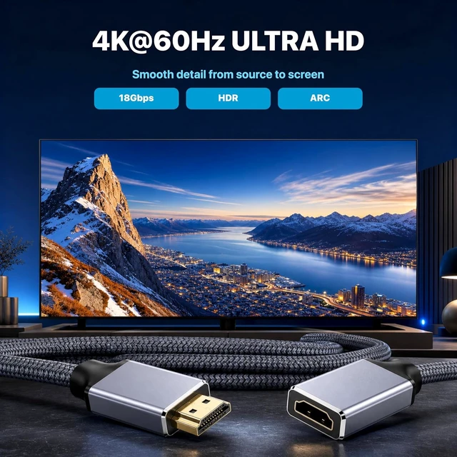 Alt view image 4 of 7 - HDMI Extension Cable 30ft/9m, Male to Female Extender, 4K@60Hz 18Gbps Braided Cord with HDR and ARC for TV, Monitor, Projector, Laptop and Gaming Console
