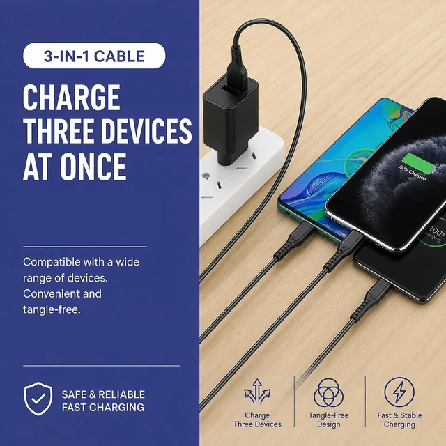 Alt view image 5 of 7 - Custom Logo 3 in 1 Charging Cable Bulk, Tech Swag for Corporate Gifts