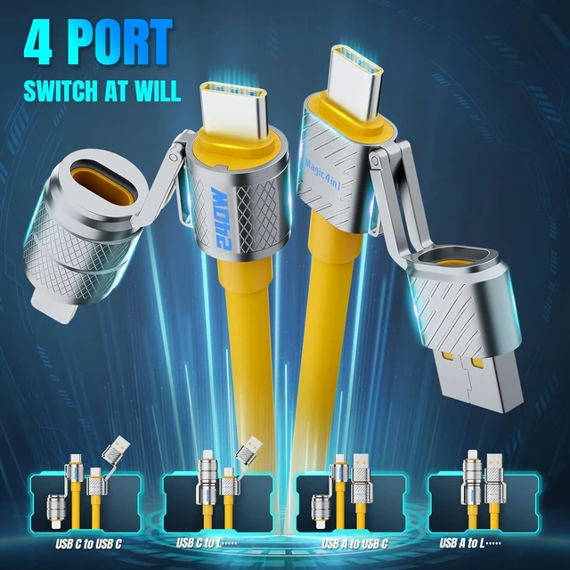 Alt view image 2 of 7 - 4-in-1 Multi USB C Charging Cable Cord Fast Charge 240W, USB A/C to USB C/L, Chubby Cable C Compatible with iPhone iPad Samsung MacBook Tablets All Devices, Camping & Travel Essentials - (2Pack,5FT)