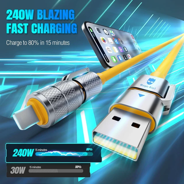 Alt view image 3 of 7 - 4-in-1 Multi USB C Charging Cable Cord Fast Charge 240W, USB A/C to USB C/L, Chubby Cable C Compatible with iPhone iPad Samsung MacBook Tablets All Devices, Camping & Travel Essentials - (2Pack,5FT)