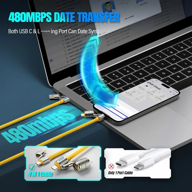 Alt view image 4 of 7 - 4-in-1 Multi USB C Charging Cable Cord Fast Charge 240W, USB A/C to USB C/L, Chubby Cable C Compatible with iPhone iPad Samsung MacBook Tablets All Devices, Camping & Travel Essentials - (2Pack,5FT)