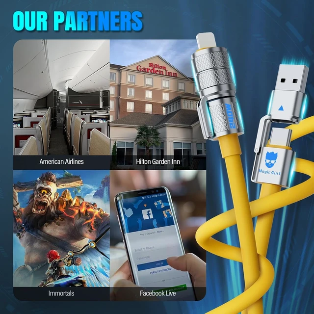Alt view image 7 of 7 - 4-in-1 Multi USB C Charging Cable Cord Fast Charge 240W, USB A/C to USB C/L, Chubby Cable C Compatible with iPhone iPad Samsung MacBook Tablets All Devices, Camping & Travel Essentials - (2Pack,5FT)