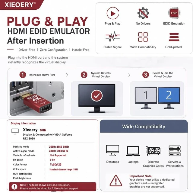 Alt view image 2 of 7 - 4K HDMI EDID Emulator 3840×2160 24/30/60Hz, Dummy HDMI Plug for Remote Desktop, Headless Servers, GPU Rigs, KVM, Industrial PCs, Stable Signal Output & Multi-Resolution EDID Support-10pack
