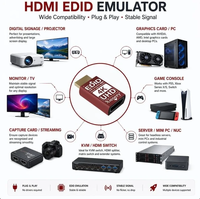 Alt view image 5 of 7 - 4K HDMI EDID Emulator 3840×2160 24/30/60Hz, Dummy HDMI Plug for Remote Desktop, Headless Servers, GPU Rigs, KVM, Industrial PCs, Stable Signal Output & Multi-Resolution EDID Support-10pack