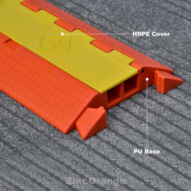 Alt view image 2 of 7 - Orange/Yellow Heavy-Duty PU Cable Protector Ramp, Concave-Convex Interlocking Floor Hose Cord Wire Cable Cover - 6000 Lbs Vehicle Load Capacity (Small 2-Channel)