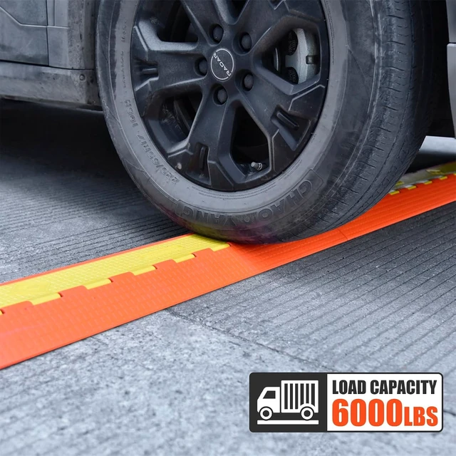 Alt view image 3 of 7 - Orange/Yellow Heavy-Duty PU Cable Protector Ramp, Concave-Convex Interlocking Floor Hose Cord Wire Cable Cover - 6000 Lbs Vehicle Load Capacity (Small 2-Channel)