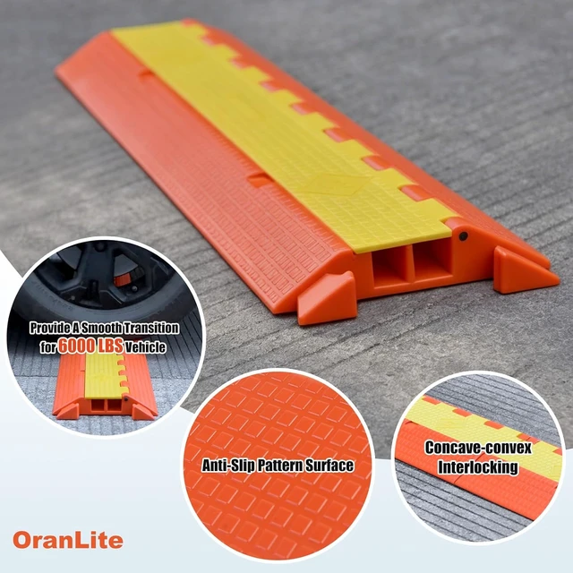 Alt view image 4 of 7 - Orange/Yellow Heavy-Duty PU Cable Protector Ramp, Concave-Convex Interlocking Floor Hose Cord Wire Cable Cover - 6000 Lbs Vehicle Load Capacity (Small 2-Channel)