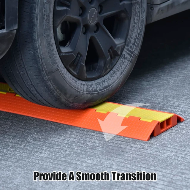 Alt view image 5 of 7 - Orange/Yellow Heavy-Duty PU Cable Protector Ramp, Concave-Convex Interlocking Floor Hose Cord Wire Cable Cover - 6000 Lbs Vehicle Load Capacity (Small 2-Channel)