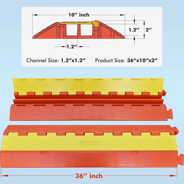 Alt view image 6 of 7 - Orange/Yellow Heavy-Duty PU Cable Protector Ramp, Concave-Convex Interlocking Floor Hose Cord Wire Cable Cover - 6000 Lbs Vehicle Load Capacity (Small 2-Channel)