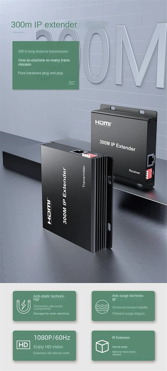 Alt view image 2 of 7 - 300M IP Extender,HDMI Extender Over IP RJ45 Cat6 Cable 1080P HDMI to Ethernet Network Extender Support One TX to Many RX via Network Switch (TX+RX)