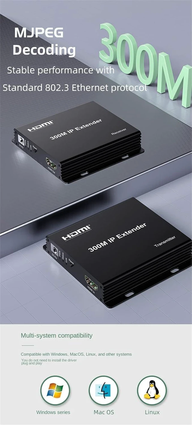 Alt view image 3 of 7 - 300M IP Extender,HDMI Extender Over IP RJ45 Cat6 Cable 1080P HDMI to Ethernet Network Extender Support One TX to Many RX via Network Switch (TX+RX)