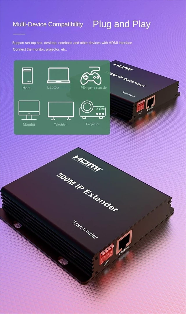 Alt view image 6 of 7 - 300M IP Extender,HDMI Extender Over IP RJ45 Cat6 Cable 1080P HDMI to Ethernet Network Extender Support One TX to Many RX via Network Switch (TX+RX)