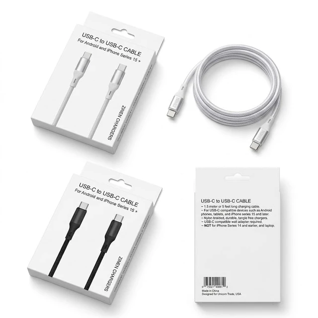Alt view image 2 of 6 - ZINEN USB-C to USB-C Cable Compatible with iPhone 15 and Android, 5 Feet, Black, Nylon Braided, Fast Charging 3A (50)