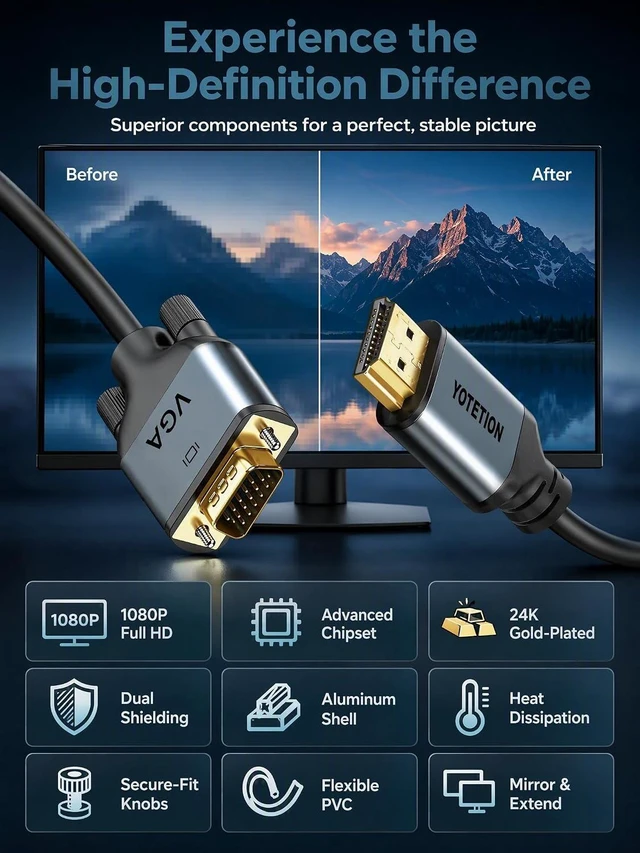 Alt view image 6 of 7 - HDMI to VGA 50Ft Cable with IC, Gold-Plated HDMI to VGA Compatible for Computer, Desktop, Laptop, PC, Monitor, Projector,HDTV, Raspberry Pi, Roku, Xbox and More, Green-Gray Aluminum Shell