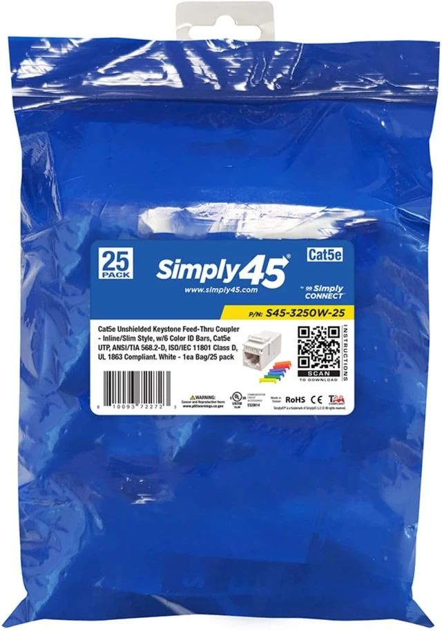 Alt view image 4 of 5 - Simply45 Keystone Coupler, Cat5e UTP White, 25-Pack